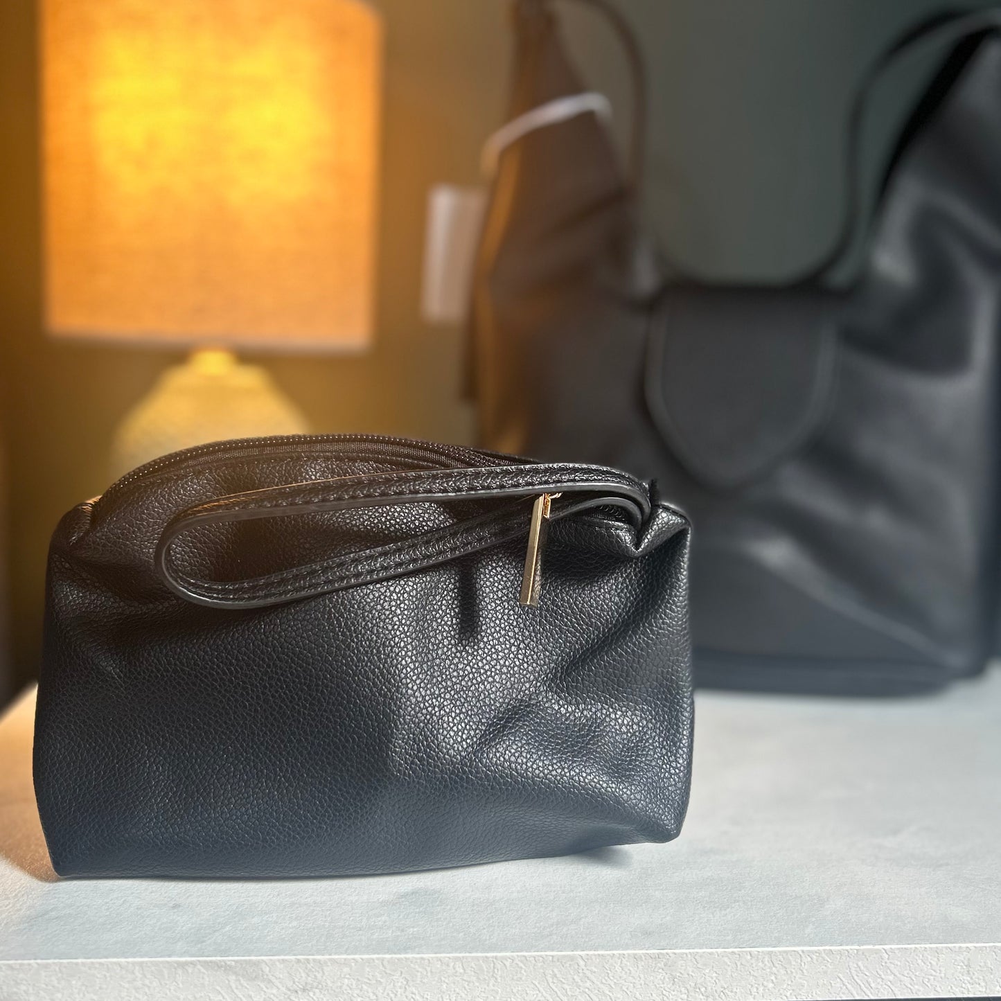 Black PU Leather Foldover Bag with Mini Wristlet Bag