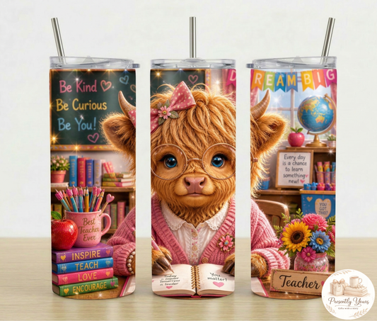 Teacher Highland Cow Tumbler - Pink