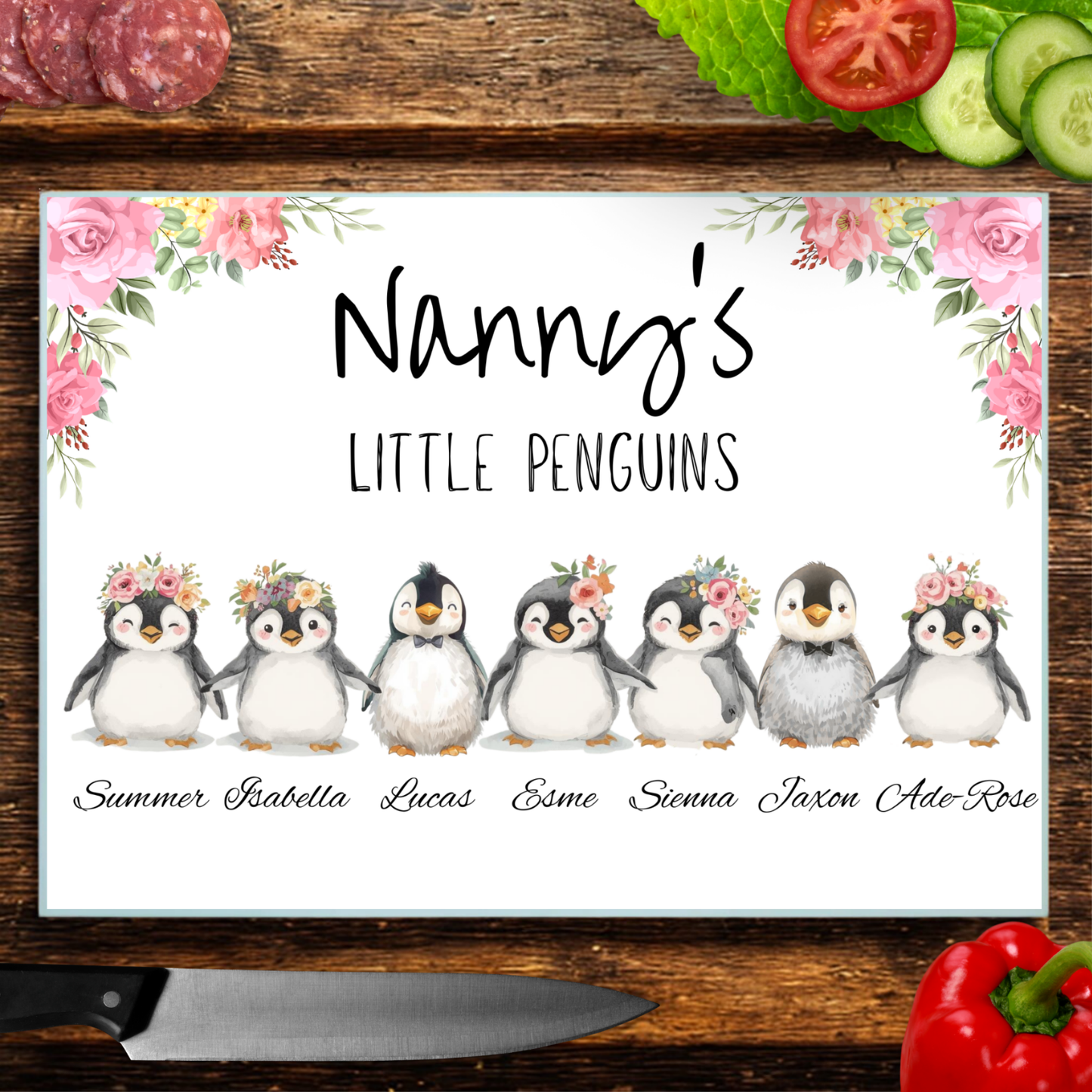 A3 Penguin Family Glass Chopping Board