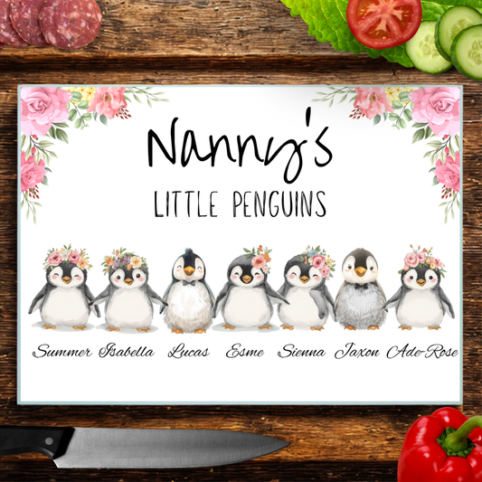 A3 Penguin Family Glass Chopping Board