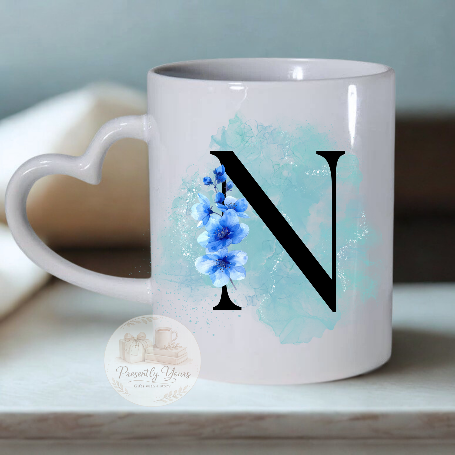 Blue Floral Initial - Heart Handle Mug
