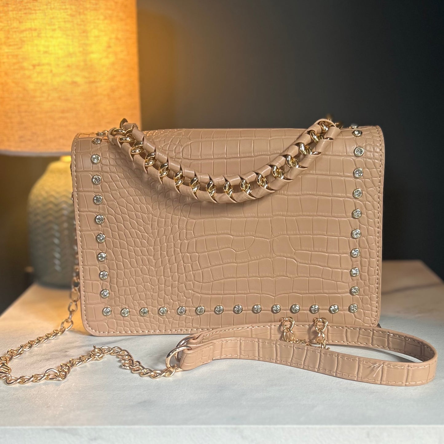 Brown/Beige & Gold Studded Handbag