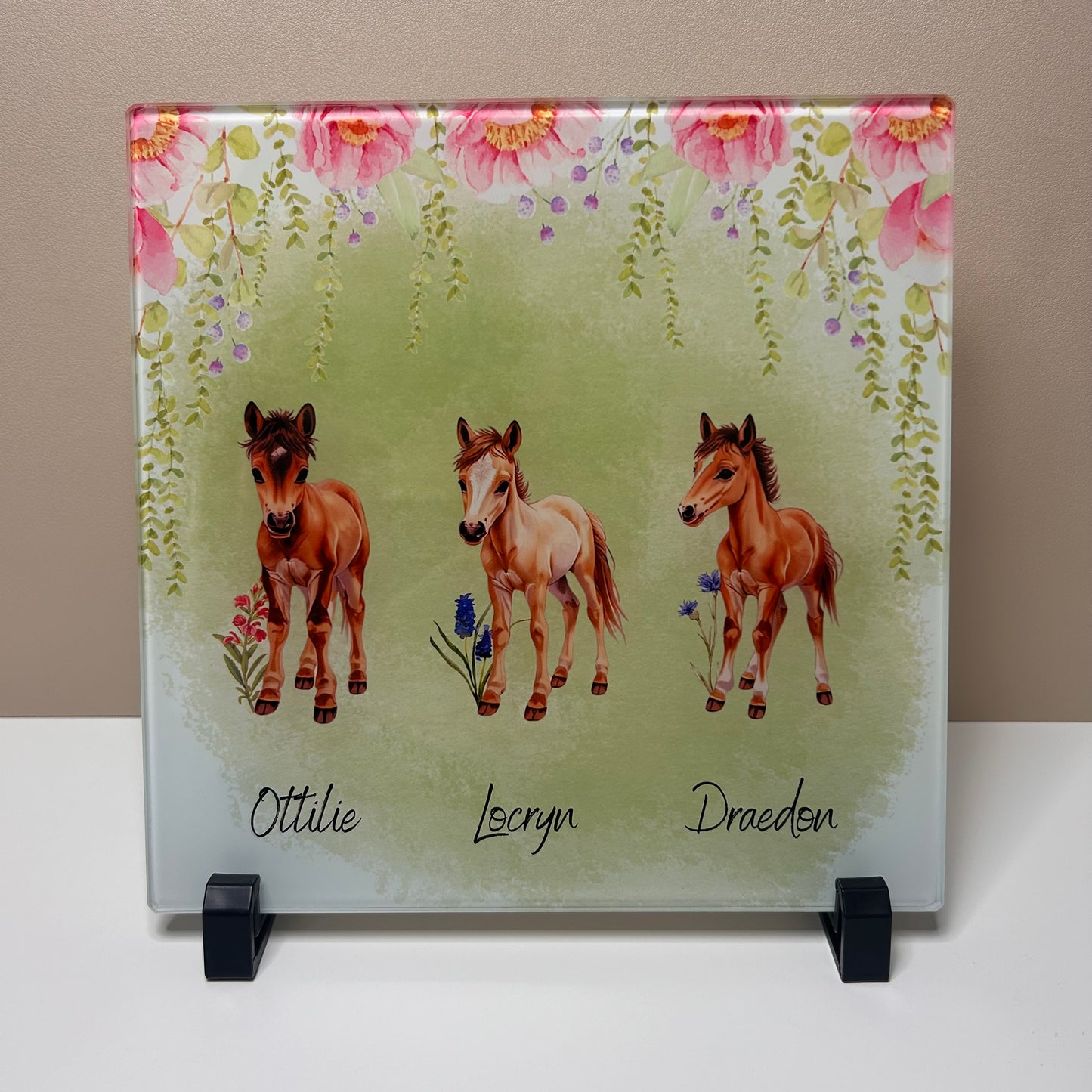 Horse Family Glass Chopping Board 20x20cm