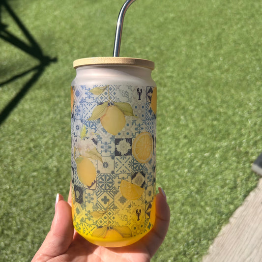 Yellow Lemon Glass Can 18oz Tumbler