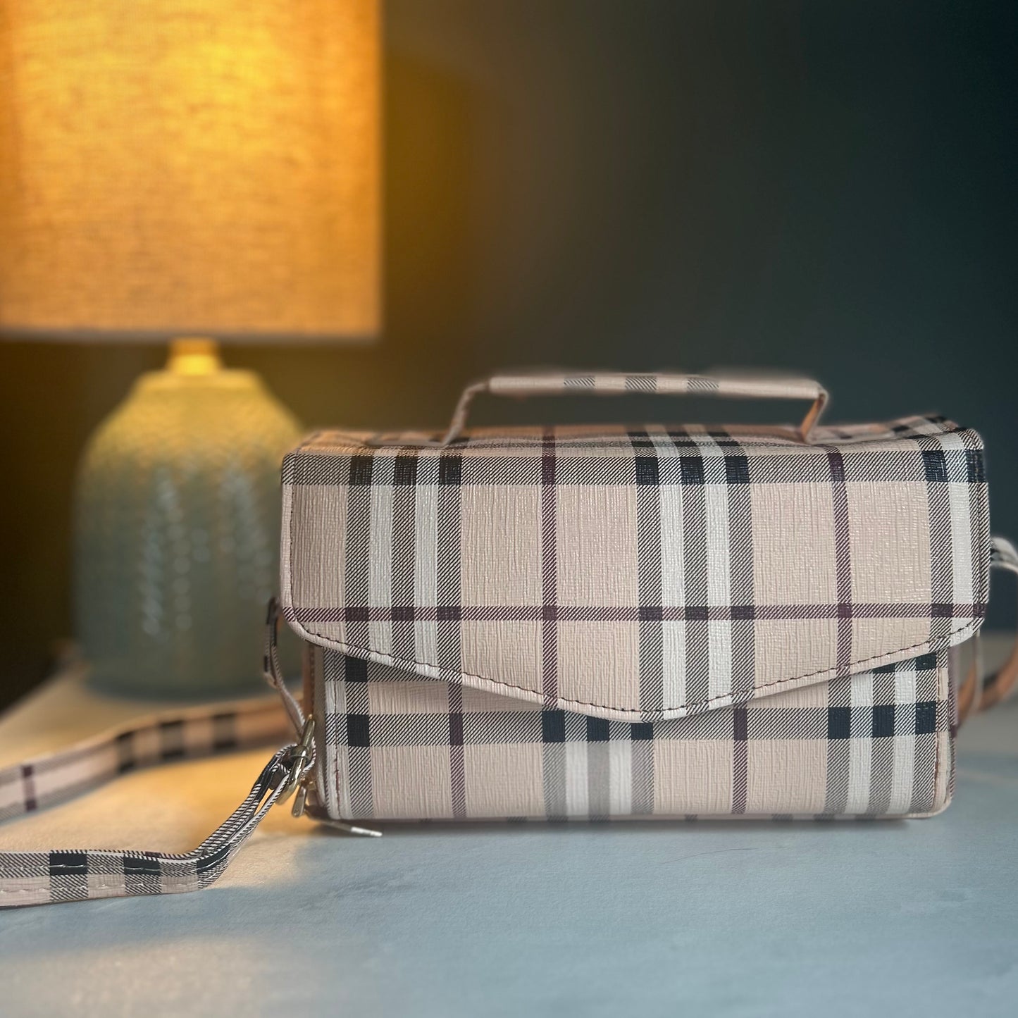 Beige Plaid Handbag