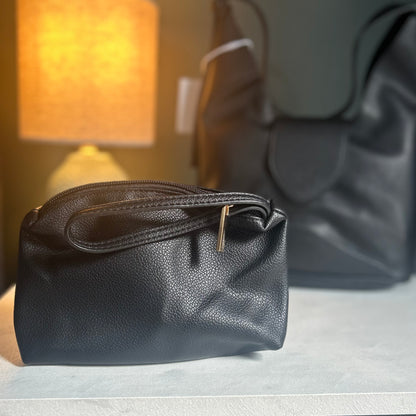 Black PU Leather Foldover Bag with Mini Wristlet Bag